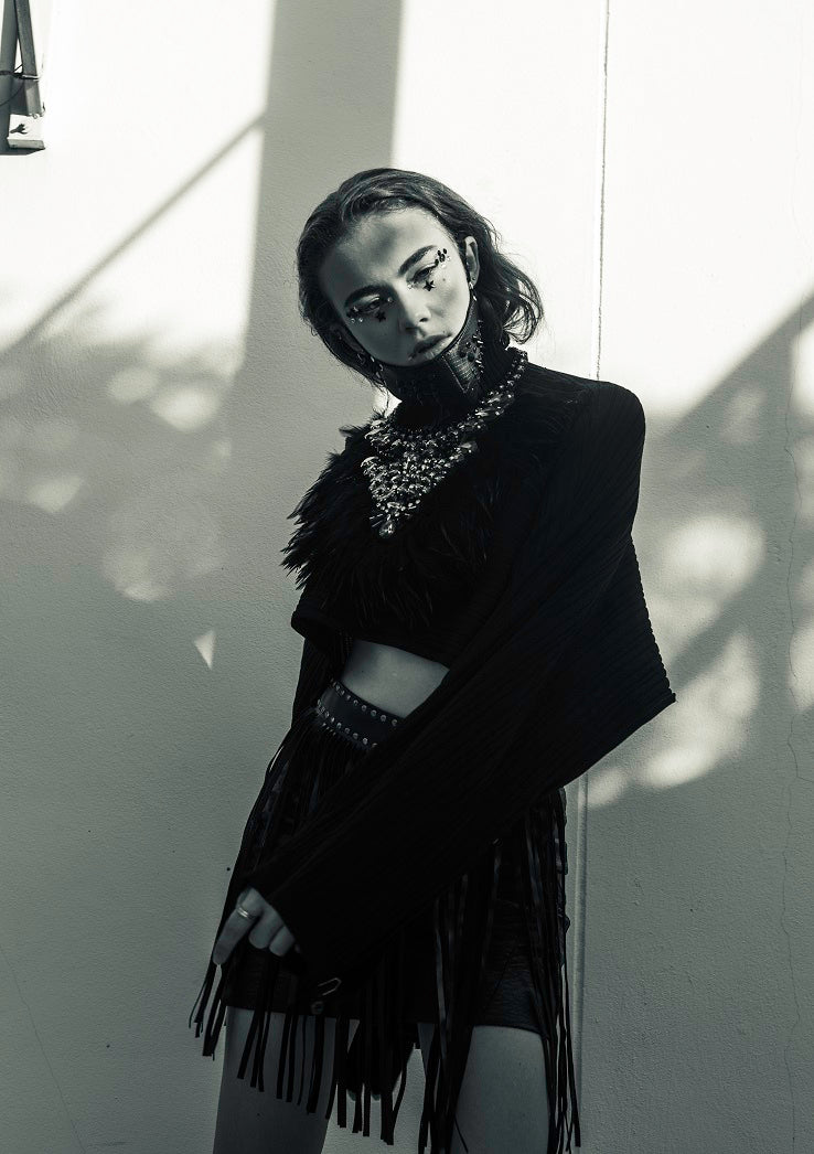 Black Feather Beaded Bejeweled Necklace/ Collar