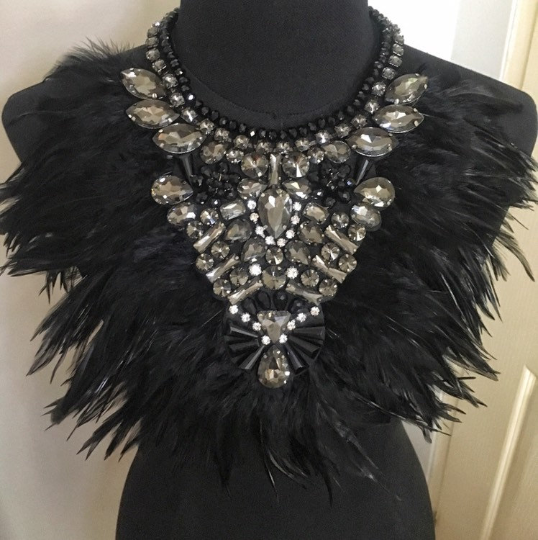 Black Feather Beaded Bejeweled Necklace/ Collar