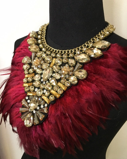 Feather Beaded Bejeweled Statement Collar